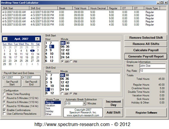 Time Card Calculator - Screen Shot